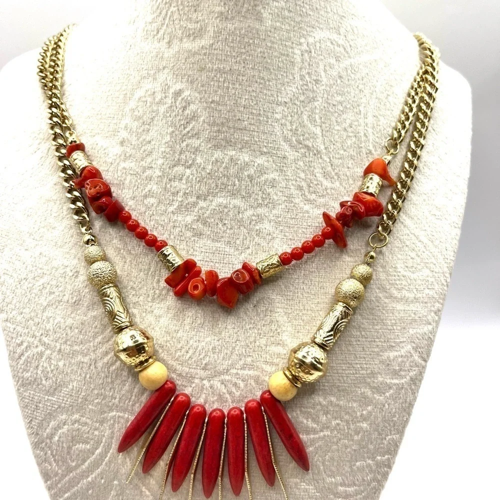 Fire Beads with Tribal Flare Layered Chain Necklace Red stone and long Gold bead